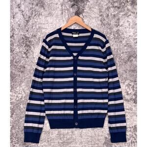 Agnes B Cardigan 2 / Medium Mens Blue Striped Silk Cotton Knit Prep Sweater